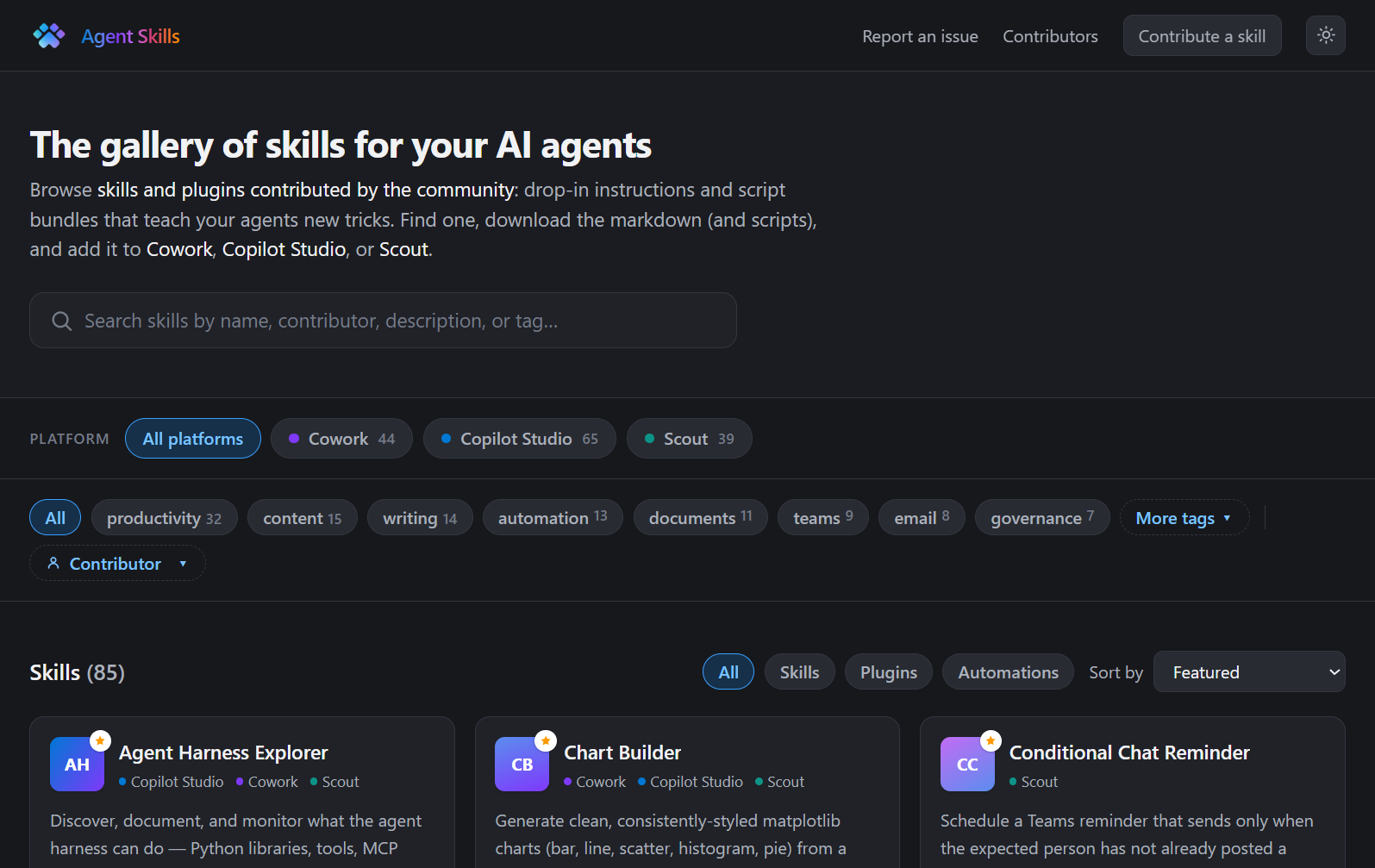 Microsoft Agent Skills Gallery showing platform filters, topic tags, and featured skills