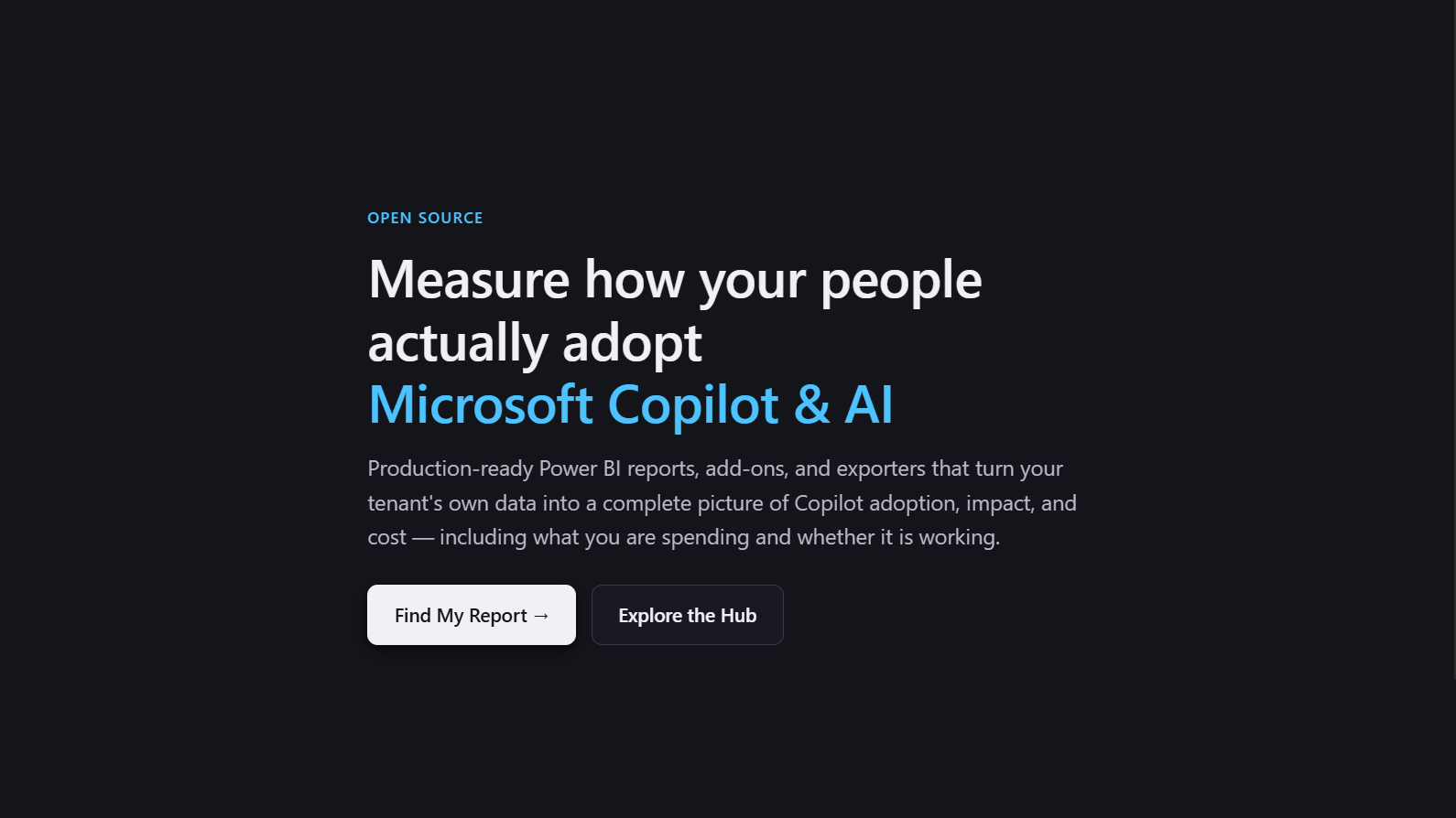 Microsoft Copilot Analytics Hub hero describing adoption, impact, and cost reporting