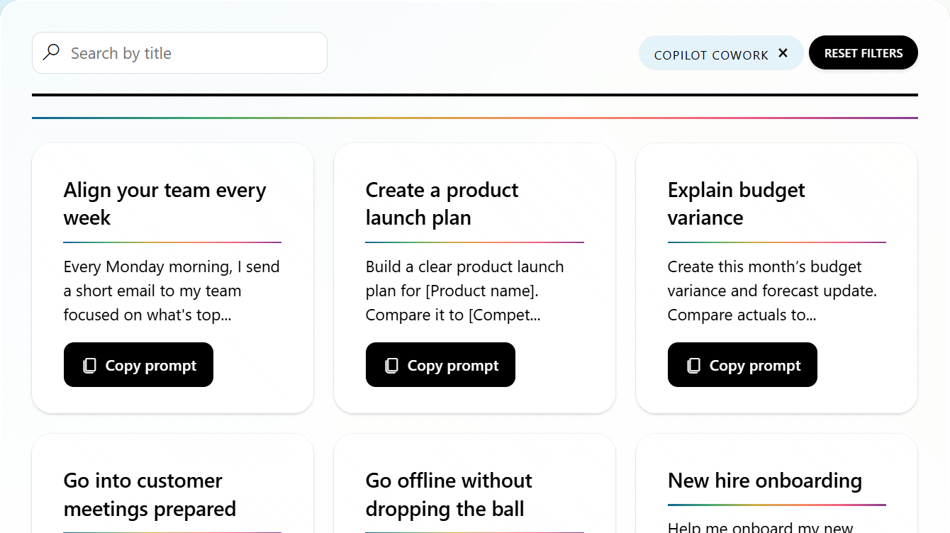 Microsoft Prompt Gallery filtered to Copilot Cowork with ready-to-use prompt cards